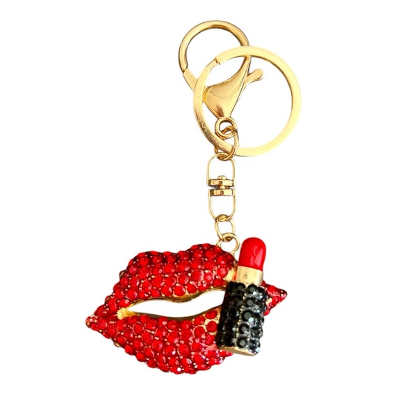 Red Crystal Lip Bag Charm Keychain with Gold Accents - Picture 11 of 16